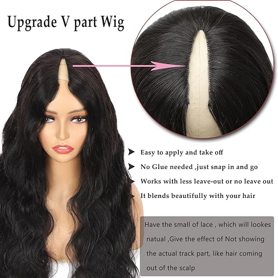 Perruque V-Part Cheveux Humain  Body wave Naturelle Courte Brésilien 180% Densité Cheveux Humains Naturels Noir Machine Made wig