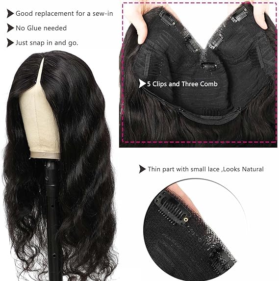 Perruque V-Part Cheveux Humain  Body wave Naturelle Courte Brésilien 180% Densité Cheveux Humains Naturels Noir Machine Made wig