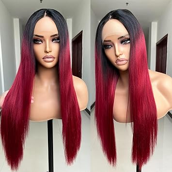 13X1 Cheveux Synthétiques naturels Perruque Femme Naturelle Brésilien Noir Roots Cheveux Raides Rouge Droit Perruque Lace Frontal Sans Colle Dentelle 24 Pouces