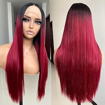 13X1 Cheveux Synthétiques naturels Perruque Femme Naturelle Brésilien Noir Roots Cheveux Raides Rouge Droit Perruque Lace Frontal Sans Colle Dentelle 24 Pouces