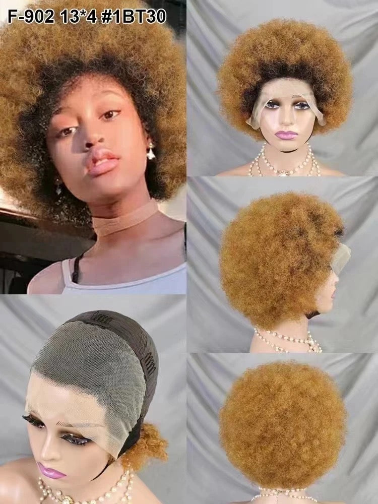 Perruque Cheveux Humain Afro Bouclée Courte Short Afro Curly Wig 13X4 pour femme