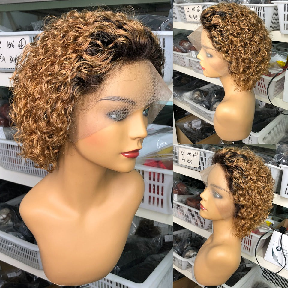 13“x1“ Lace Front Wig Culry Human Hair Perruque Femme Naturelle Brésilien Bouclée Courte Perruque Kinky Curl Afro Wig Cheveux Humains Hair 180% Densité Noires