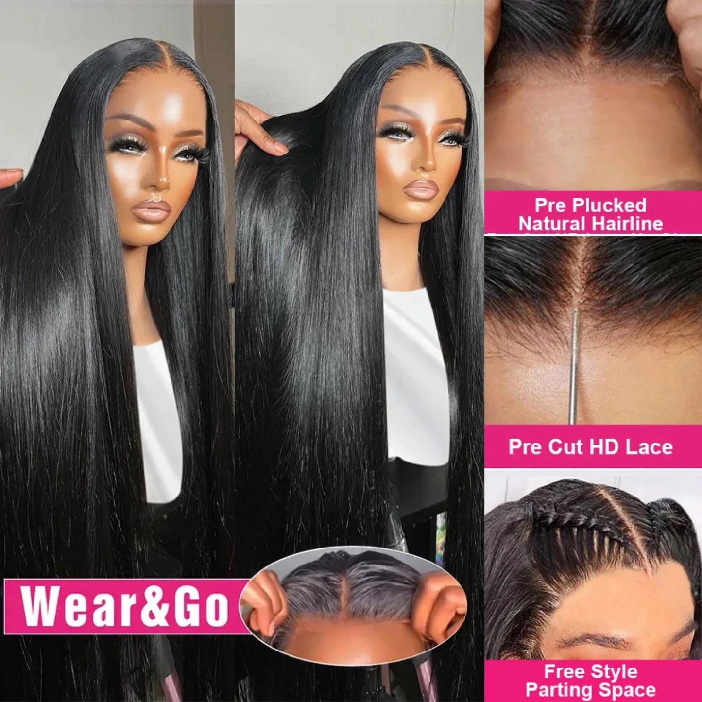 Glueless Wig Human Hair Wear and Go Perruque Pre-Cut Lace Wigs Pre Plucked Natural Hairline 6x4 HD Lace 180% Density 32inch Cheveux humain