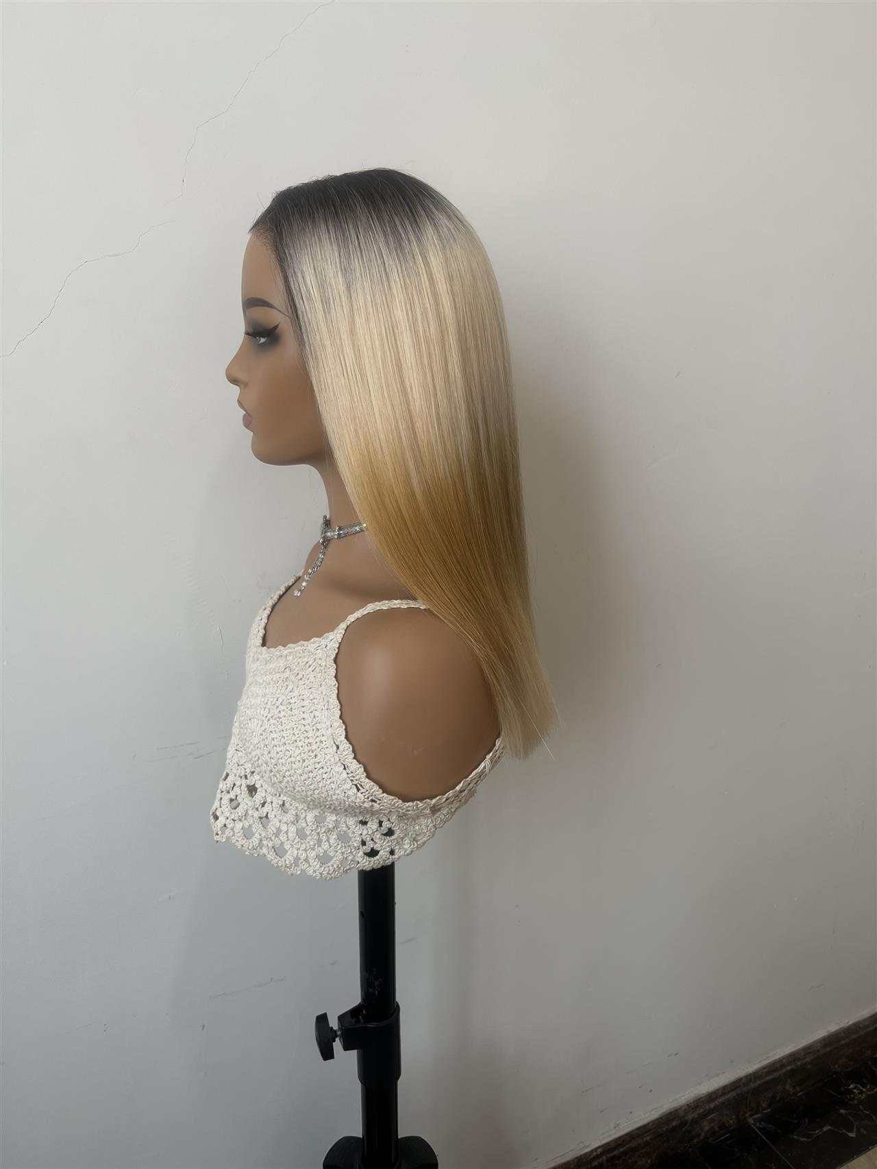 Perruque Naturel Humain Cheveux 100%  Breilienne Lisse Ombre 4/27# brun moyen/miel blond Full Lace Wig sans colle 180% Densité