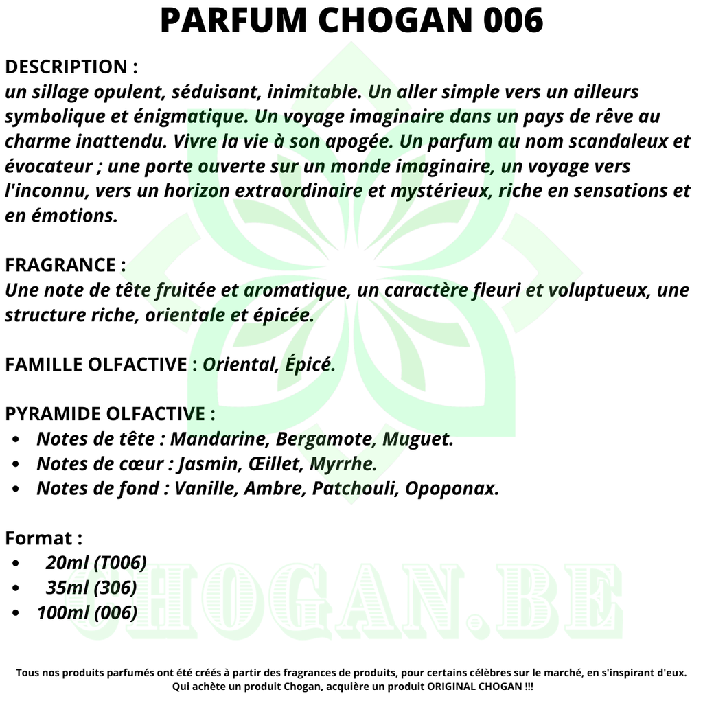 CHOGAN Parfum Femmes Essence 30% - 100 ml inspiré Opium Code 006