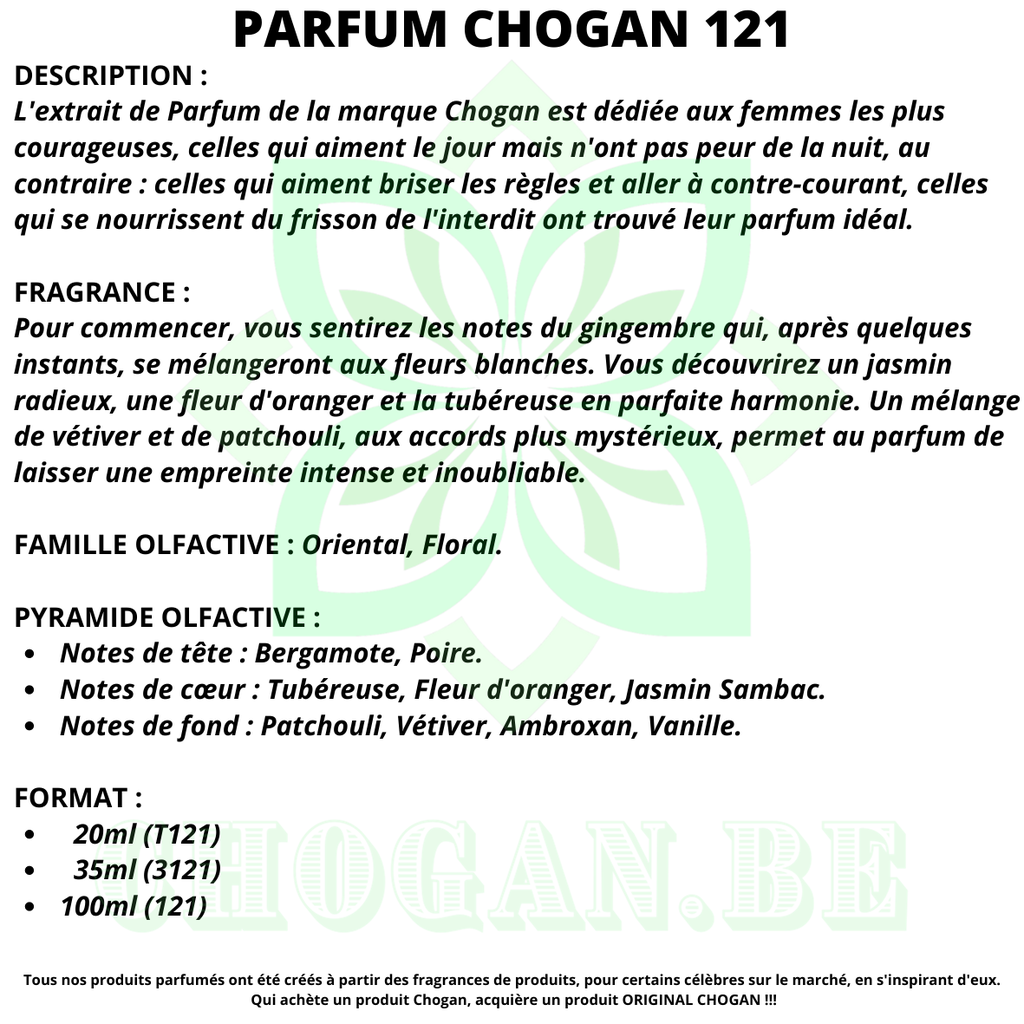 CHOGAN Parfum Femmes Essence 30% - 100 ml inspiré de L'ÏNTERDÏT Code 121