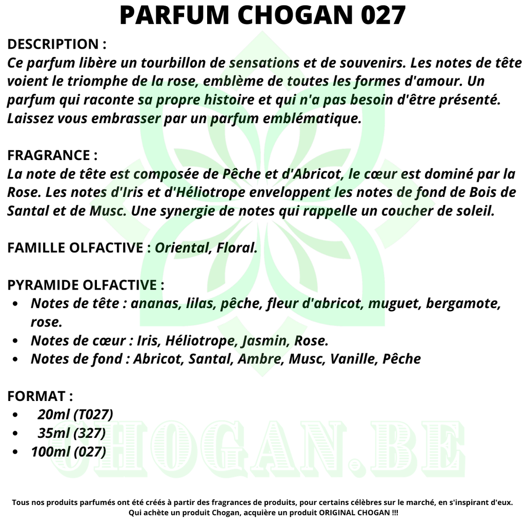 CHOGAN Parfum Femmes Essence 30% - 100 ml inspiré Trésor Angel Code 027