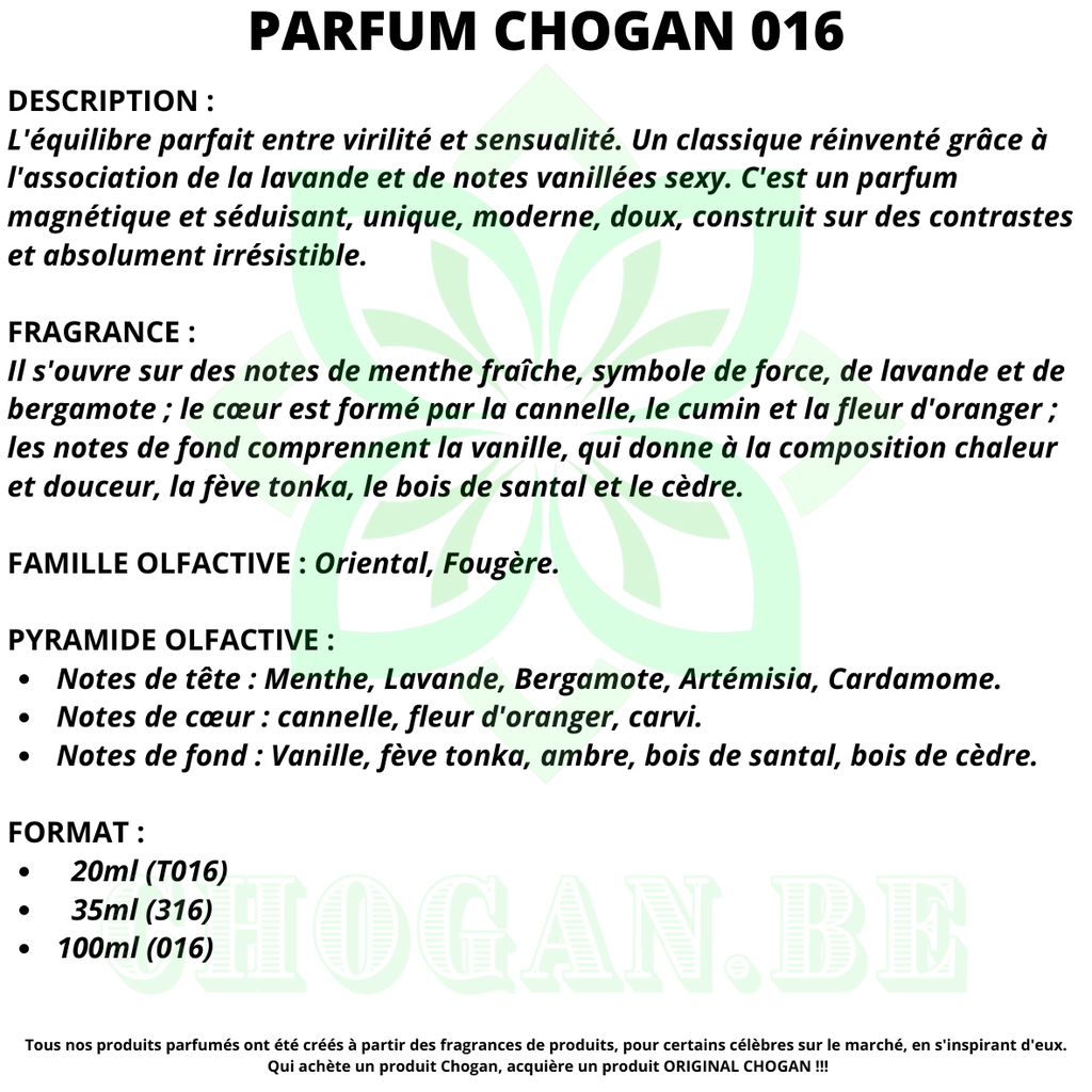 CHOGAN Parfum Homme Essence 30% - 100 ml inspiré de Le Mal Code 016