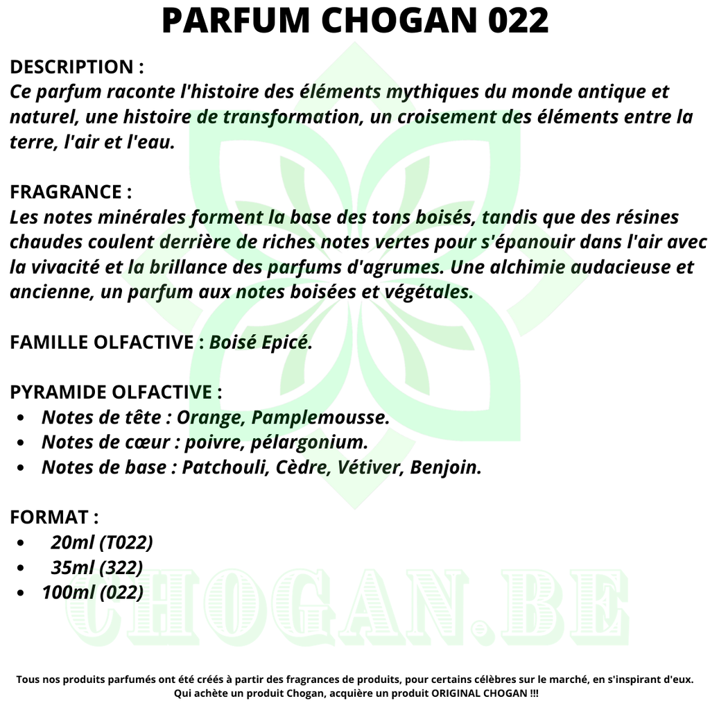 CHOGAN Parfum Homme Essence 30% - 100 ml inspiré TERRE D'HERMES Code 022